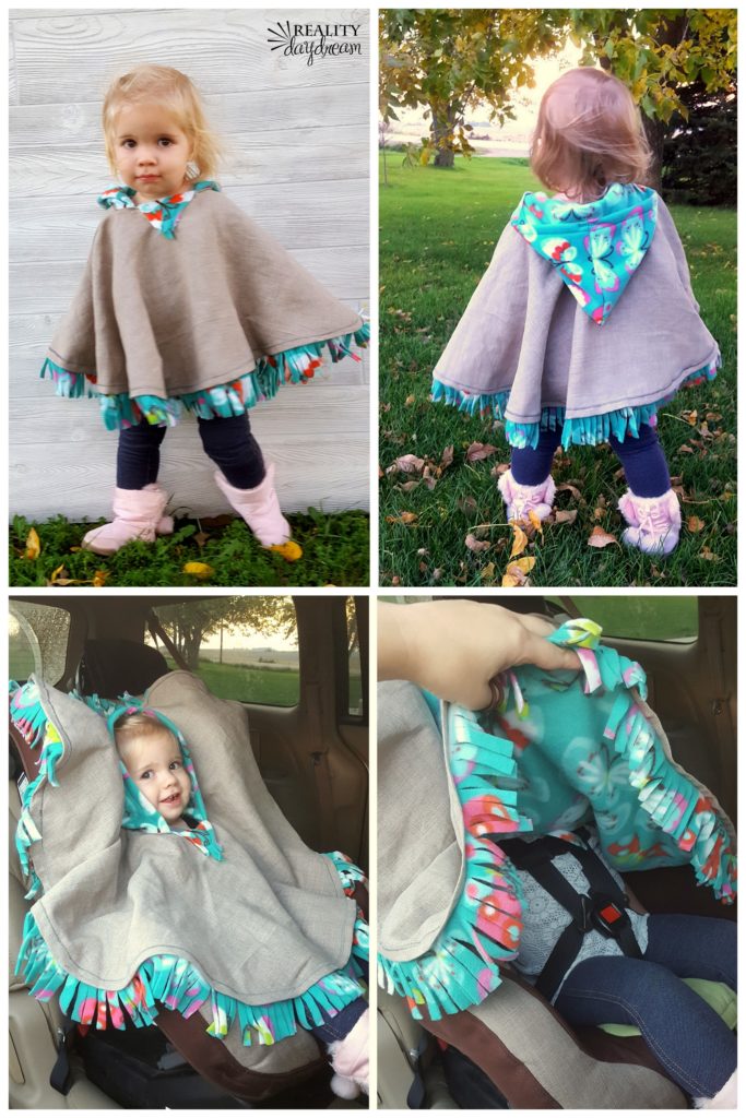 Fleece-lined hooded poncho for toddlers.