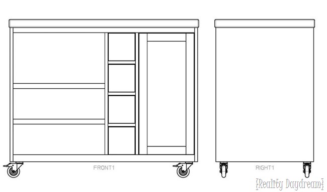 Building plans for rolling kitchen island with a place for garbage can and microwave! 