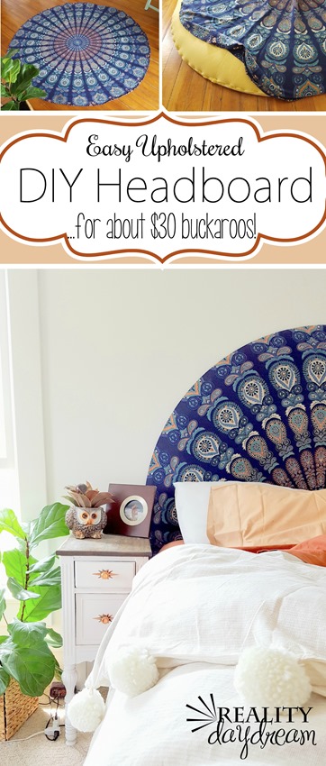 SUPER SIMPLE upholstered headboard using a round tapestry! {Reality Daydream} #boho #bedroom.jpg