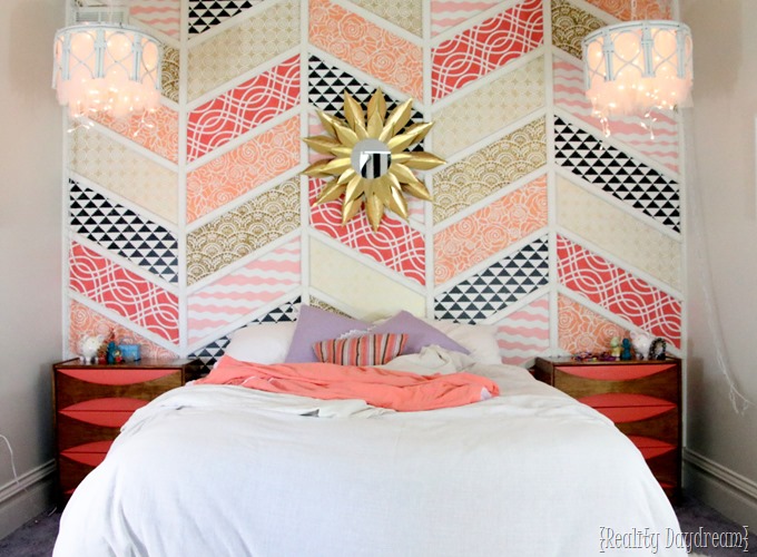 Little girls' bedroom with Stenciled Patchwork Herringbone Accent Wall! {Reality Daydream}