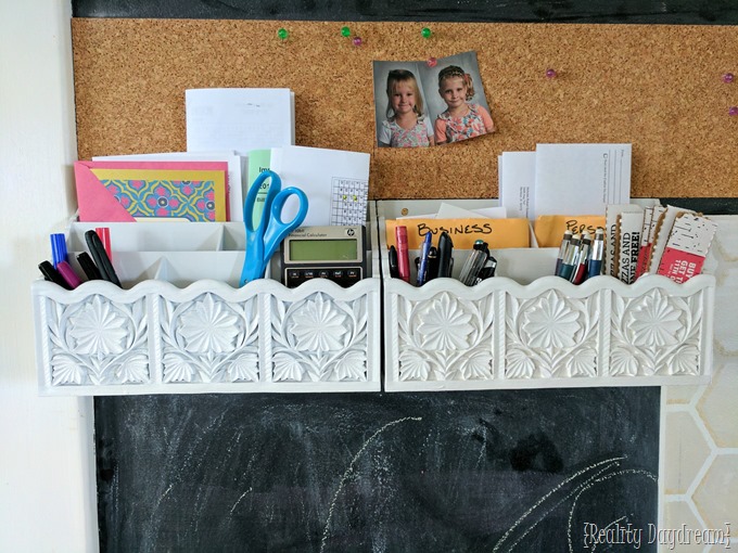 Chalkboard wall command center with mail sorters, cork board, and an acrylic calendar! {Reality Daydream}