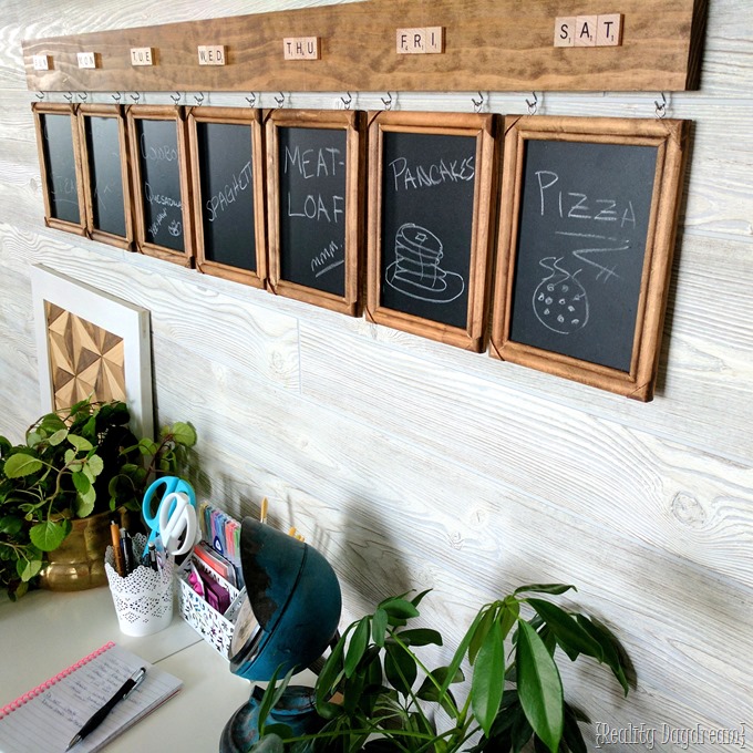 Menu Board made from cheap wooden frames, chalkboard vinyl, and Scrabble tiles! Perfect for your family's weekly meal planning! {Reality Daydream}