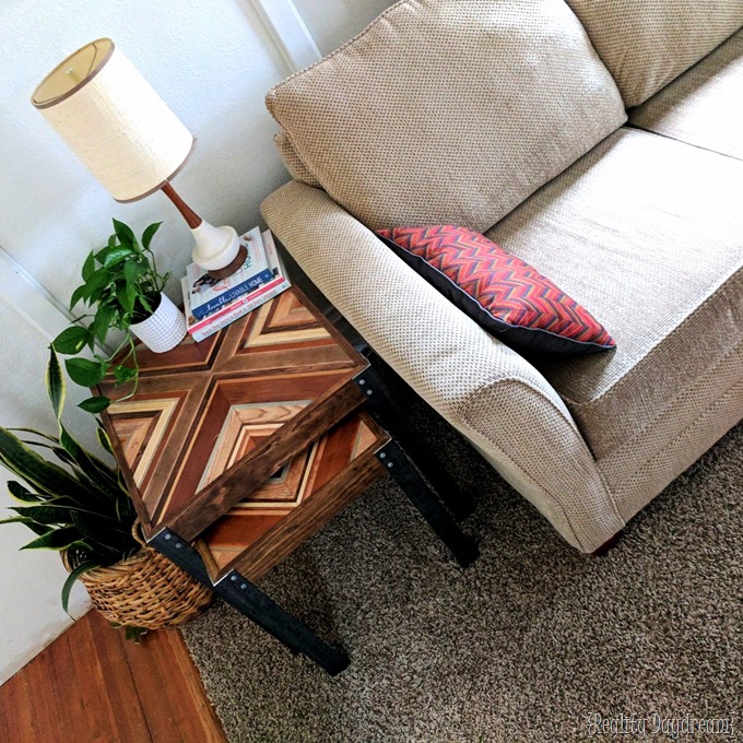 DIY Nesting End Tables made from scrap wood for that decorative inlay, and angle iron for the legs! {Reality Daydream}