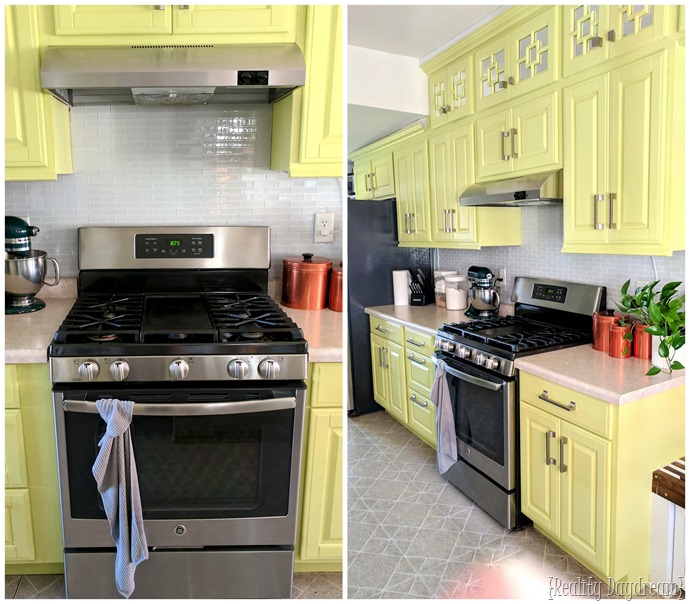 Reality Daydream yellow kitchen with white glass tile backsplash {Reality Daydream}