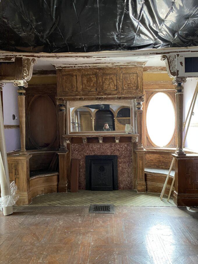 Current interior view of the fireplace in the Newton Carmean House