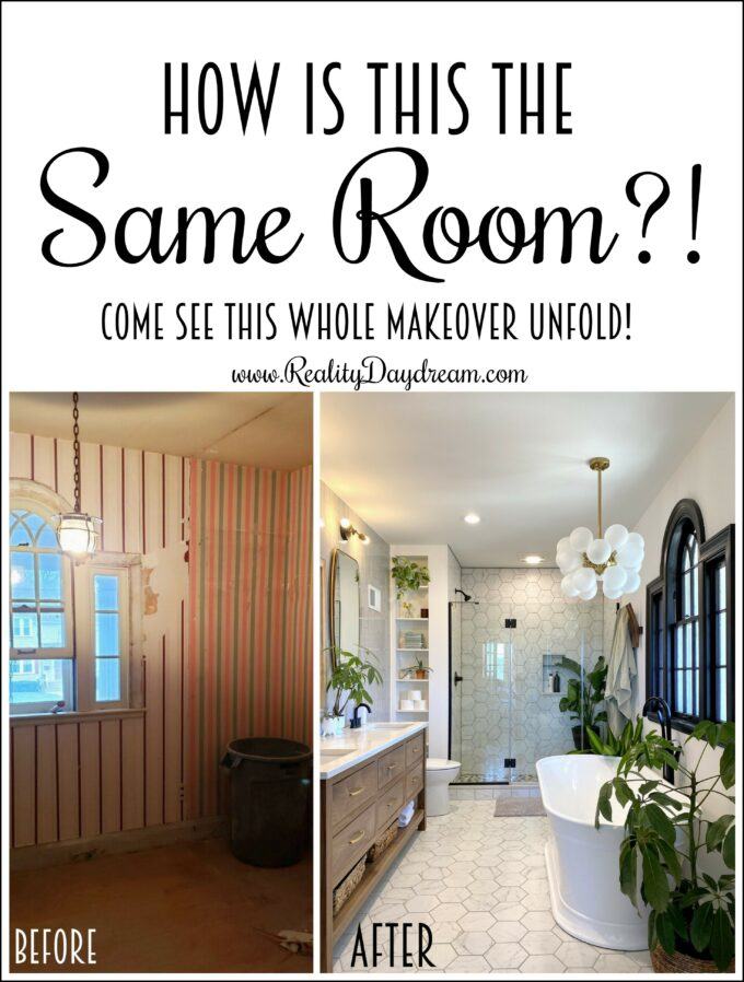 Pinterest image of before/after master bathroom