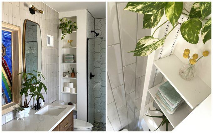 Vanity mirrors and corner shelf with plants!